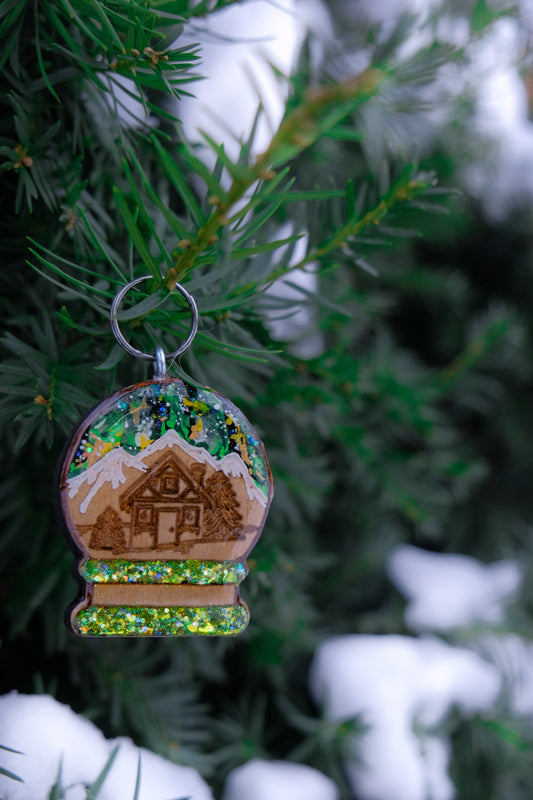 NEW Snow Globe - wooden, hand-painted tag