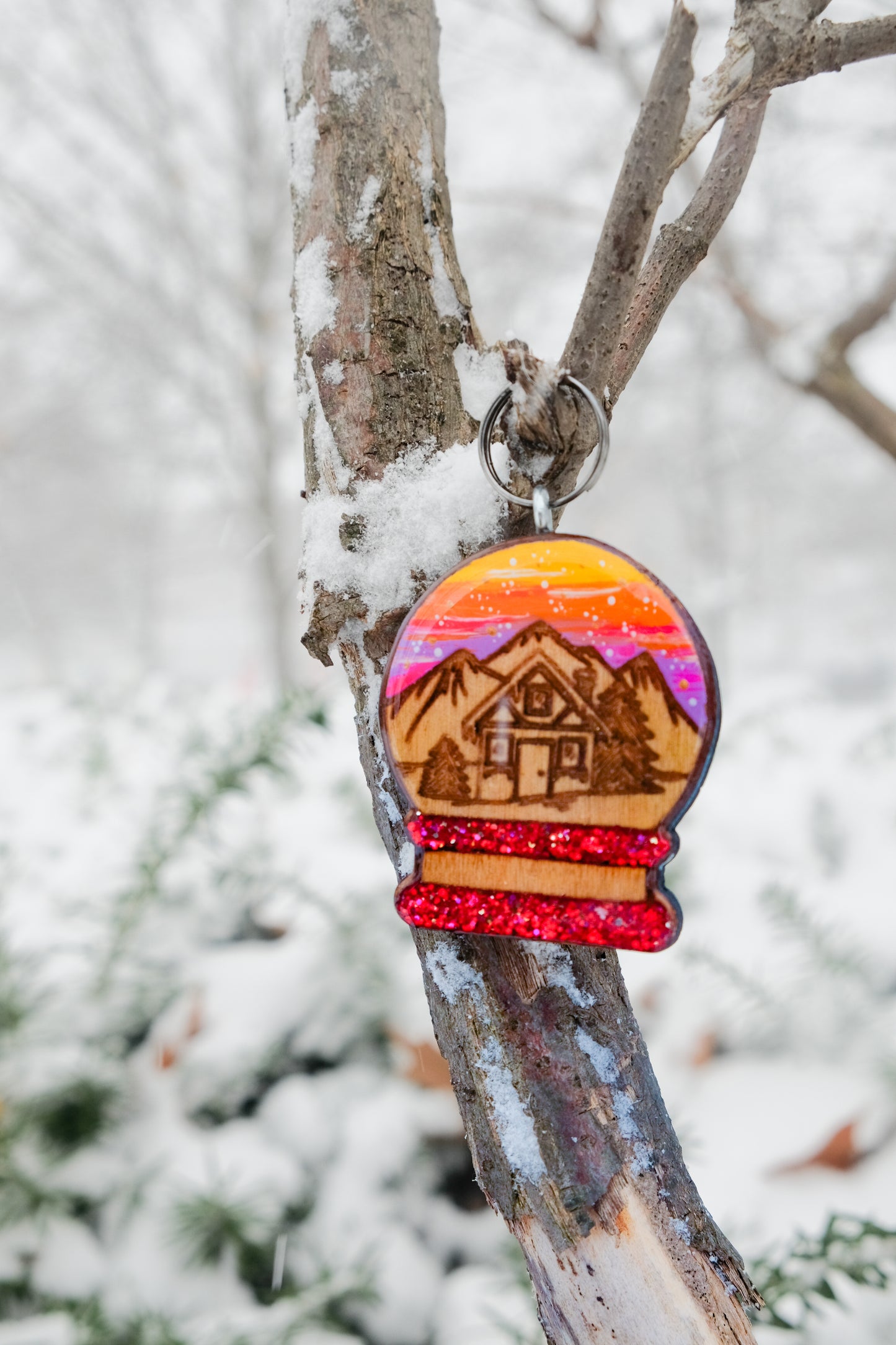 NEW Snow Globe - wooden, hand-painted tag